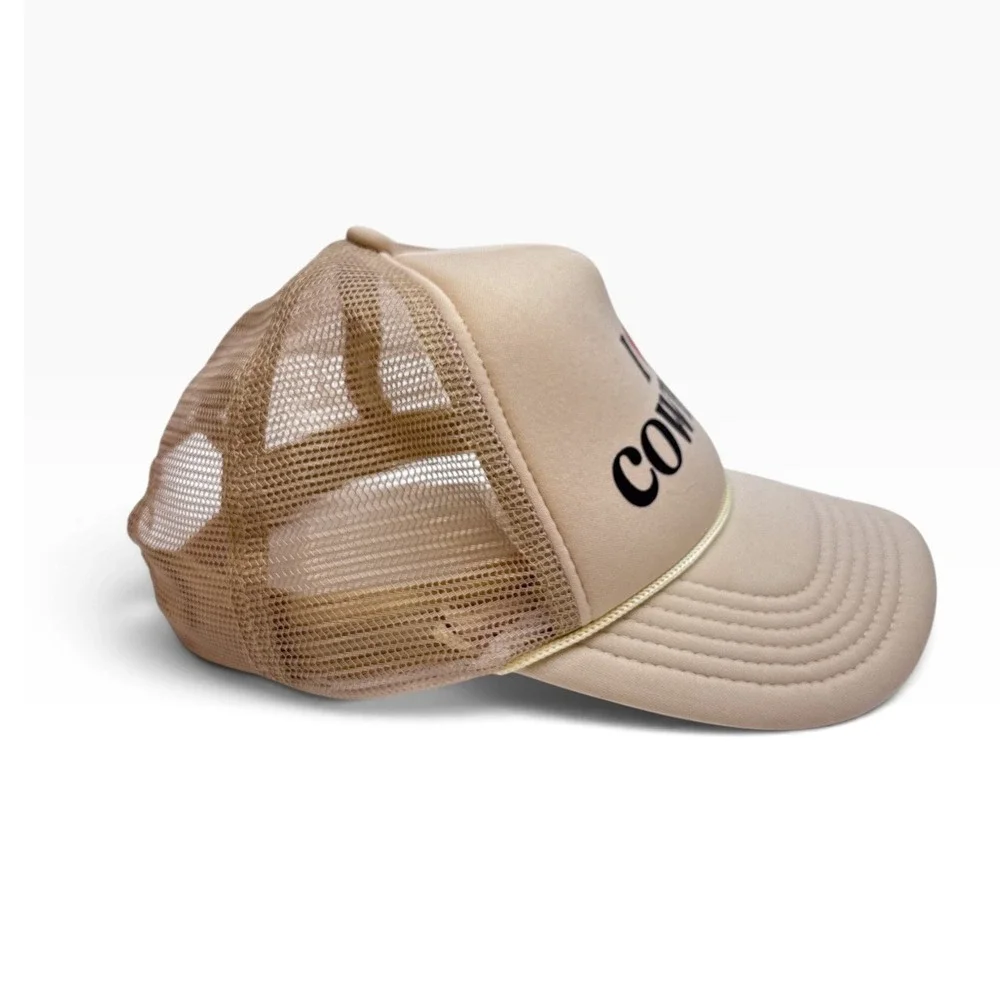 I Love Cowboys Trucker Hat Tan Western Mesh Snapback Cap Khaki Heart Graphic